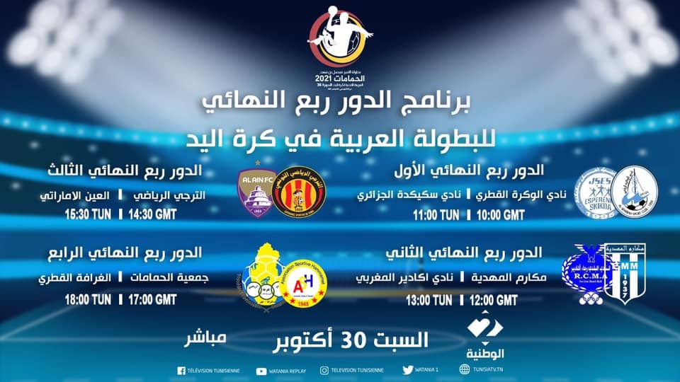 Championnat Arabe Hand : Programme TV des 1/4 de finale